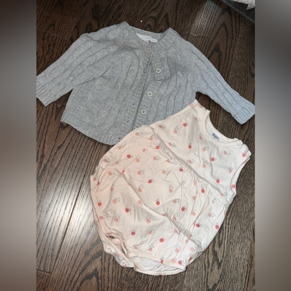 Elegant baby outfit 6 months knit sweater and bubble romper peach spring easter